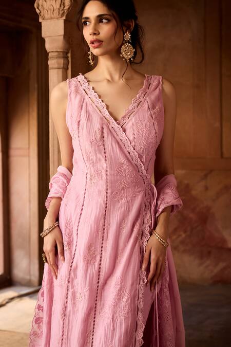 SAANJH BY LEA Pink Cotton Embroidery V-neck Angrakha Kurta Set Online at Aza Fashions SAANJH BY LEA_Pink Cotton Embroidery V-neck Angrakha Kurta Set _Online_at_Aza_Fashions