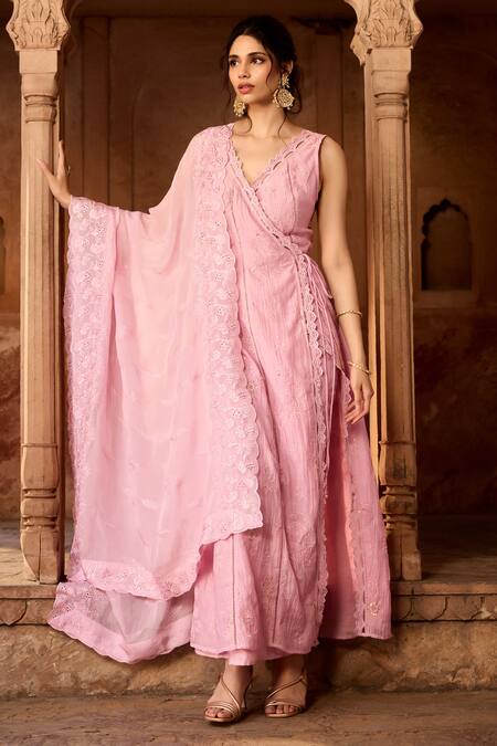 Shop SAANJH BY LEA Pink Cotton Embroidery V-neck Angrakha Kurta Set Online at Aza Fashions Shop_SAANJH BY LEA_Pink Cotton Embroidery V-neck Angrakha Kurta Set _Online_at_Aza_Fashions