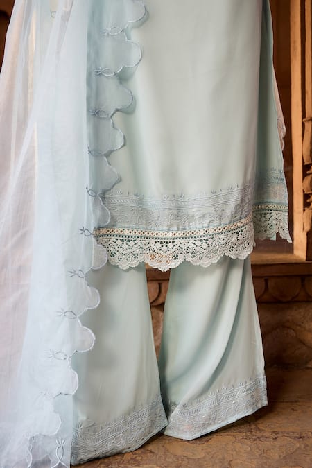 Buy SAANJH BY LEA Blue Georgette, Polyester, Organza Embroidery V-neck Baby Kurta Set Online at Aza Fashions Buy_SAANJH BY LEA_Blue Georgette, Polyester, Organza Embroidery V-neck Baby Kurta Set _Online_at_Aza_Fashions