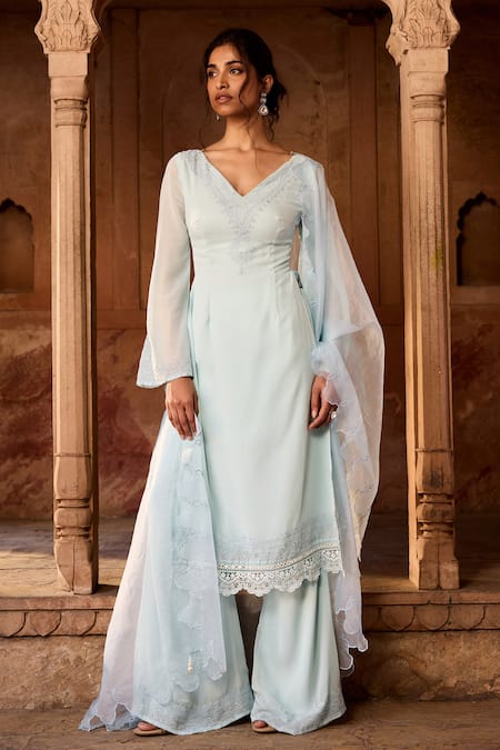 SAANJH BY LEA Blue Georgette, Polyester, Organza Embroidery V-neck Baby Kurta Set at Aza Fashions SAANJH BY LEA_Blue Georgette, Polyester, Organza Embroidery V-neck Baby Kurta Set _at_Aza_Fashions