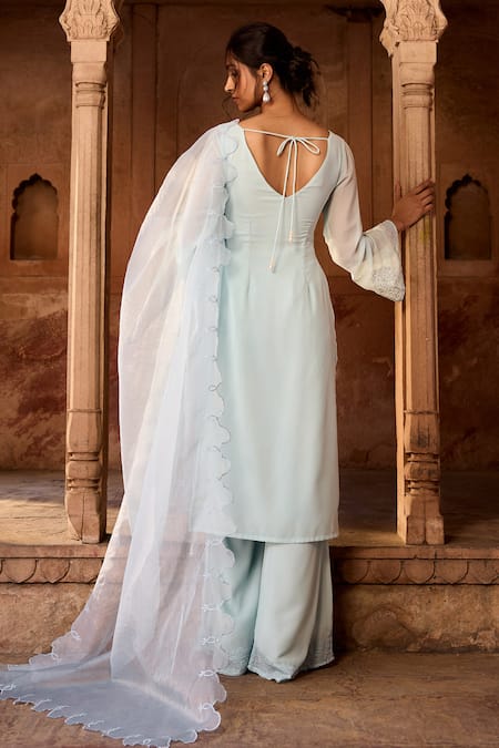 Shop SAANJH BY LEA Blue Georgette, Polyester, Organza Embroidery V-neck Baby Kurta Set at Aza Fashions Shop_SAANJH BY LEA_Blue Georgette, Polyester, Organza Embroidery V-neck Baby Kurta Set _at_Aza_Fashions