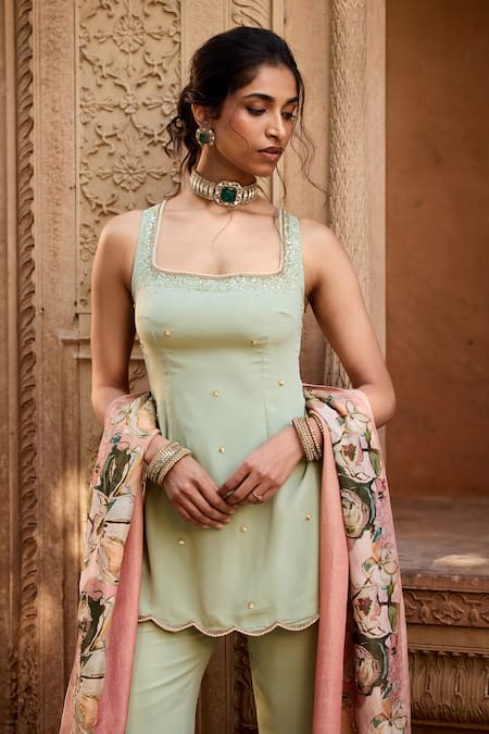 SAANJH BY LEA_Green Silk, Polyester Square Neck Floral Embroidered Pastel Kurta Set_Online_at_Aza_Fashions