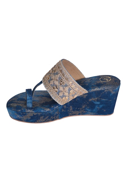 Sana K luxurious Footwear_Blue Embroidery Embellished Wedge Sandals _Online_at_Aza_Fashions