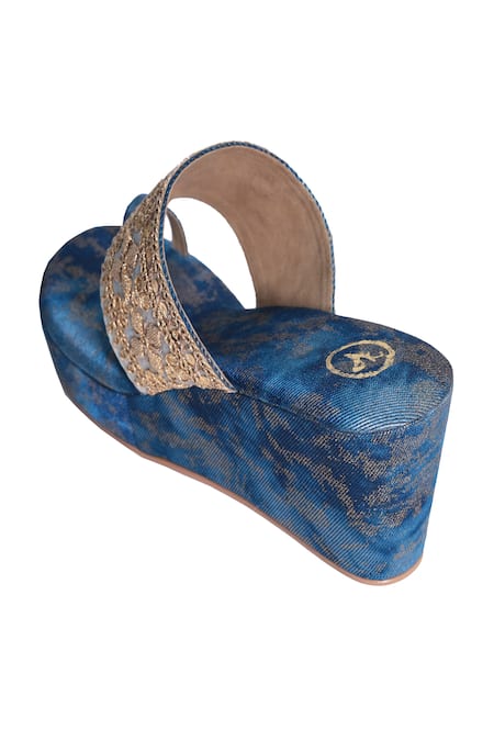Buy_Sana K luxurious Footwear_Blue Embroidery Embellished Wedge Sandals _Online_at_Aza_Fashions