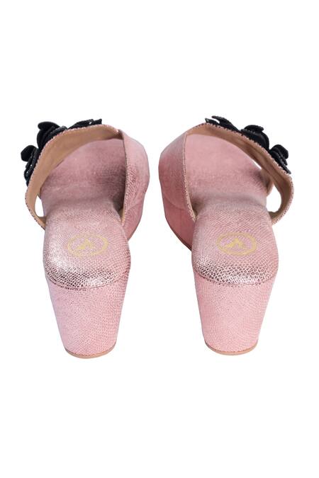 Shop_Sana K luxurious Footwear_Pink Fabric Flowers Floral Accent Lilly Wedges _Online_at_Aza_Fashions