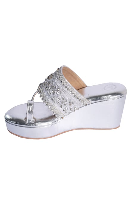 Sana K luxurious Footwear_Silver Beads, Sequins Beaded Designer Wedges _Online_at_Aza_Fashions