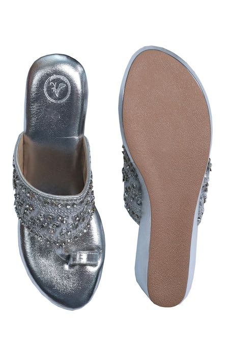Sana K luxurious Footwear Silver Beaded Designer Wedges 