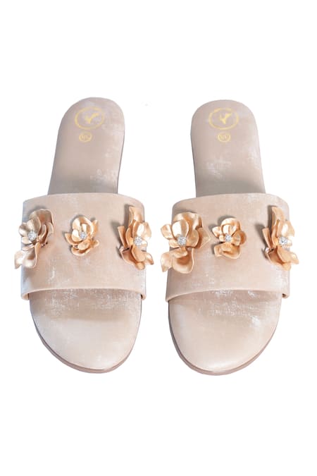 Shop_Sana K luxurious Footwear_Beige Gold Flower Flats _Online_at_Aza_Fashions