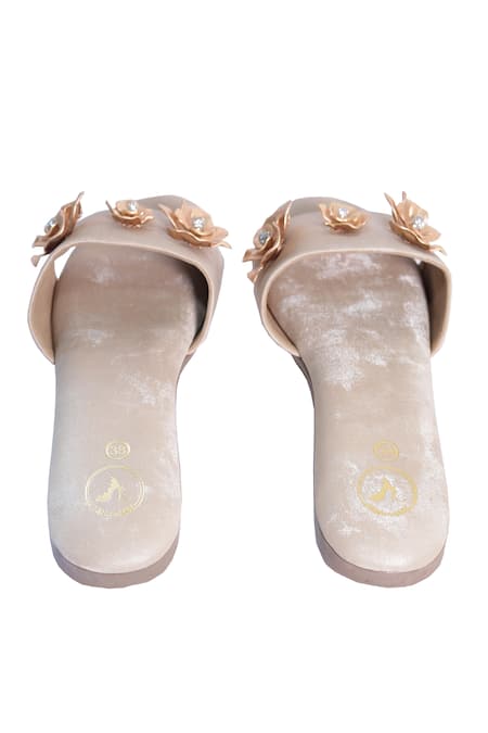 Sana K luxurious Footwear_Beige Gold Flower Flats _at_Aza_Fashions