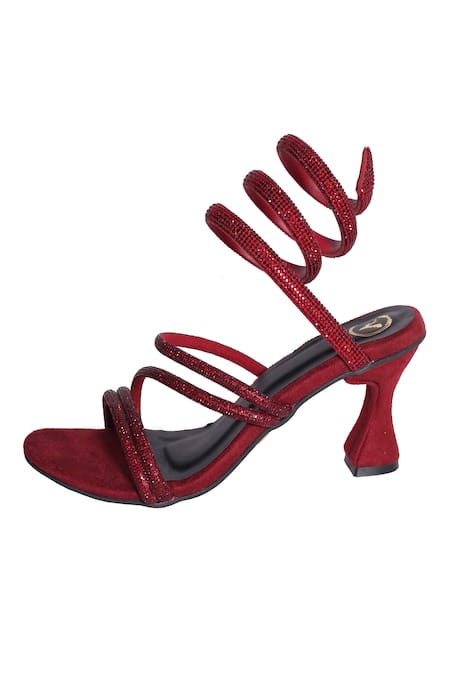 Sana K luxurious Footwear_Red Rhinestones Spiral Strap Panther Heels _Online_at_Aza_Fashions