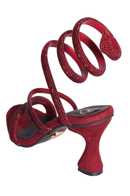 Buy_Sana K luxurious Footwear_Red Rhinestones Spiral Strap Panther Heels _Online_at_Aza_Fashions