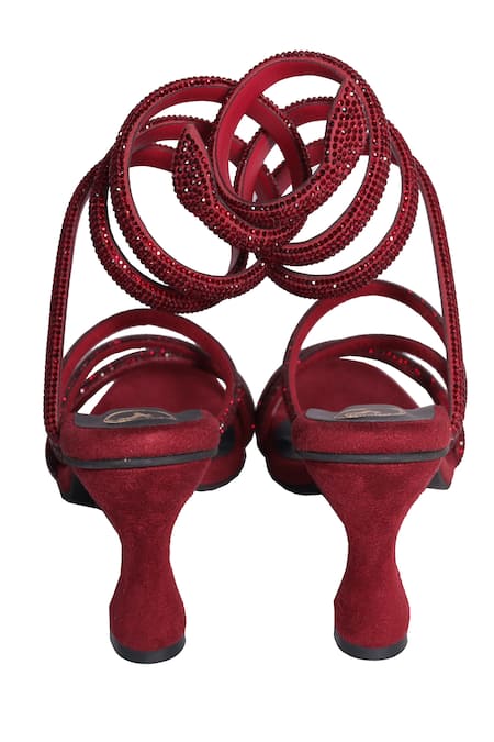 Shop_Sana K luxurious Footwear_Red Rhinestones Spiral Strap Panther Heels _Online_at_Aza_Fashions