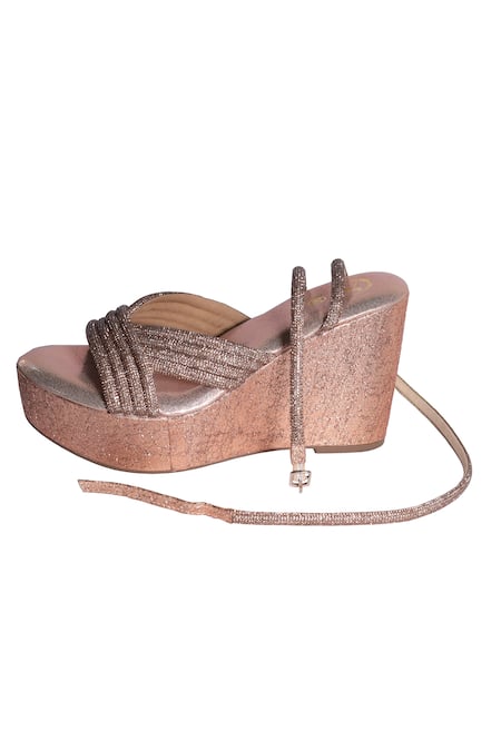 Shop_Sana K luxurious Footwear_Rose Gold Glitter Tira Wedges _Online_at_Aza_Fashions