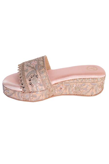 Sana K Luxurious Footwear_Pink Embroidery, Beads Noor-e-jaha Wedges _Online_at_Aza_Fashions