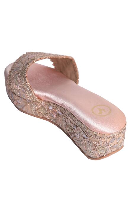 Buy_Sana K Luxurious Footwear_Pink Embroidery, Beads Noor-e-jaha Wedges _Online_at_Aza_Fashions