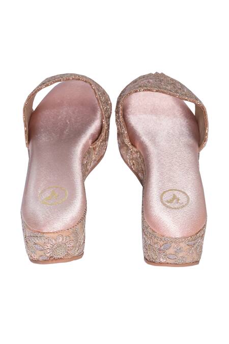 Shop_Sana K Luxurious Footwear_Pink Embroidery, Beads Noor-e-jaha Wedges _Online_at_Aza_Fashions