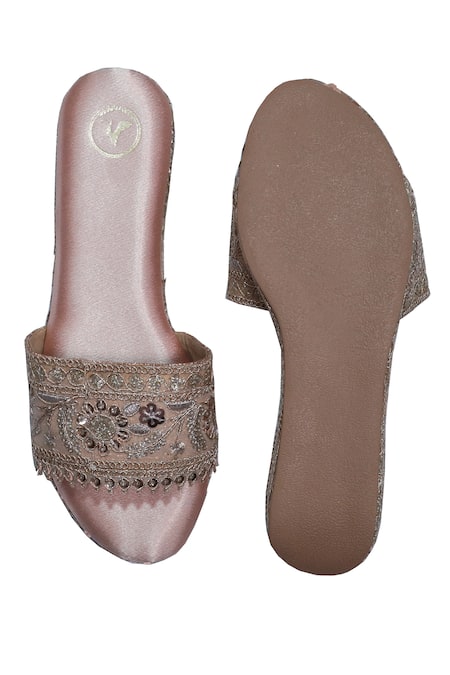 Shop_Sana K Luxurious Footwear_Pink Embroidery, Beads Noor-e-jaha Wedges _at_Aza_Fashions