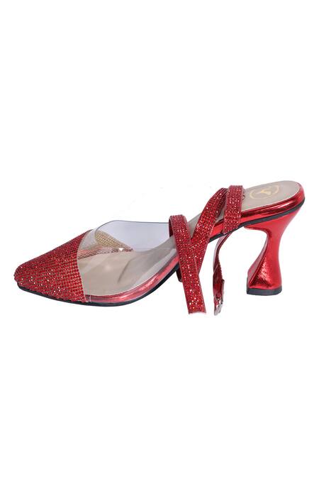Sana K luxurious Footwear_Red Rhinestones Sparkly Heels With Strappy Design _Online_at_Aza_Fashions
