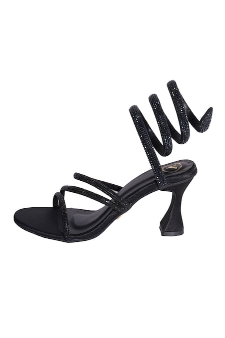 Sana K luxurious Footwear_Black Rhinestones Panther Strappy Heels _Online_at_Aza_Fashions
