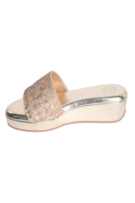 Buy_Sana K luxurious Footwear_Gold Embroidery Wedge Sandals _Online_at_Aza_Fashions