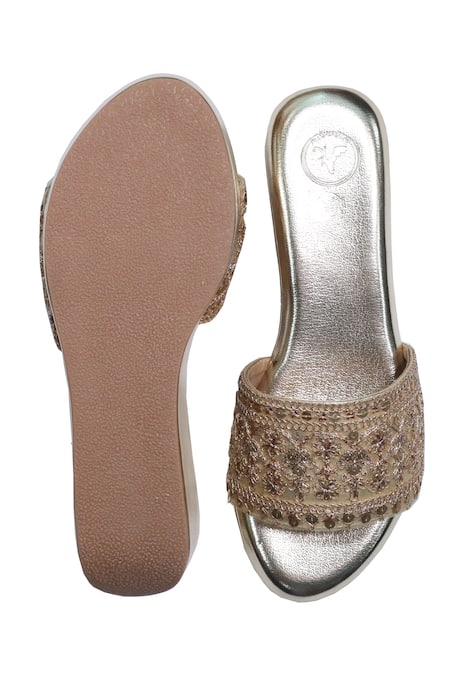 Sana K luxurious Footwear Gold Embroidered Wedge Sandals 