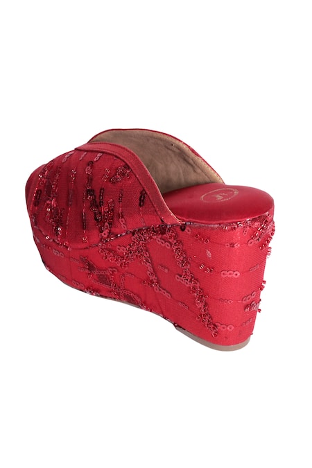 Sana K luxurious Footwear_Red Sequins Embellished Wedges _Online_at_Aza_Fashions