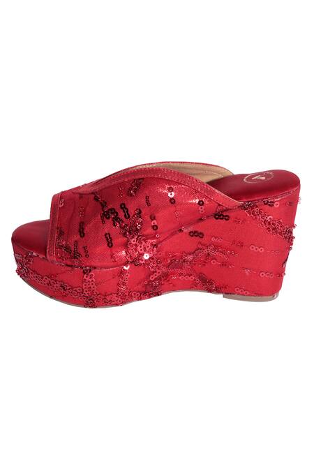 Buy_Sana K luxurious Footwear_Red Sequins Embellished Wedges _Online_at_Aza_Fashions