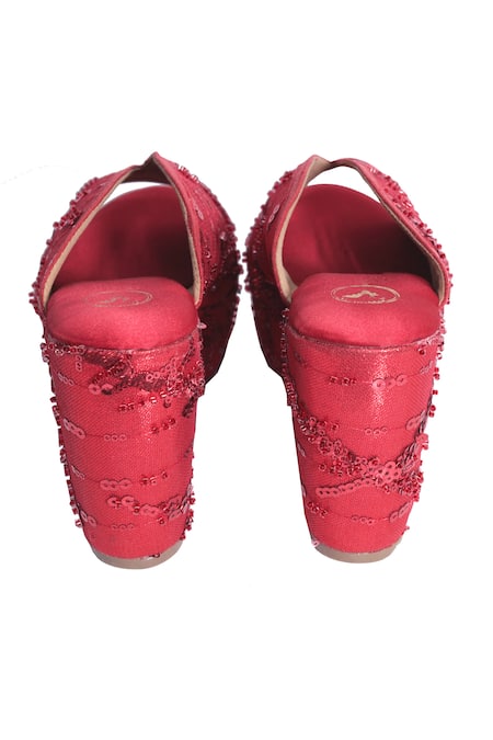 Shop_Sana K luxurious Footwear_Red Sequins Embellished Wedges _Online_at_Aza_Fashions