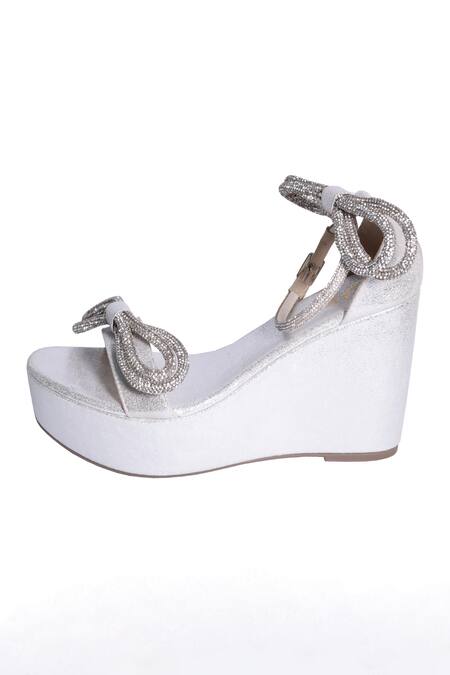 Buy_Sana K luxurious Footwear_White Bows Silver Wedge Sandals _Online_at_Aza_Fashions