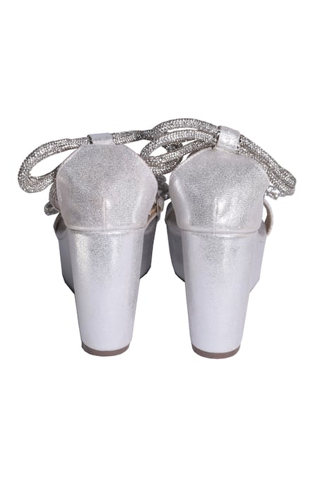 Shop_Sana K luxurious Footwear_White Bows Silver Wedge Sandals _Online_at_Aza_Fashions