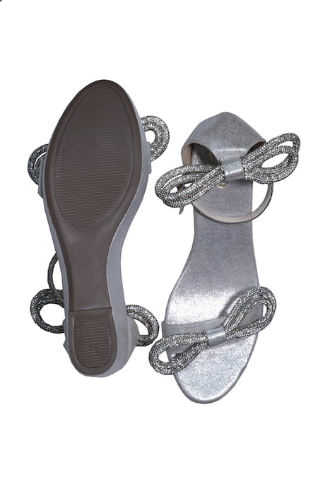 Sana K luxurious Footwear Silver Bow Wedge Sandals 