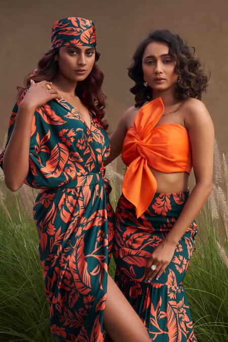 Vesture Green Off-shoulder Floral Fishcut Skirt And Bow Top Set Online at Aza Fashions Vesture_Green Off-shoulder Floral Fishcut Skirt And Bow Top Set _Online_at_Aza_Fashions