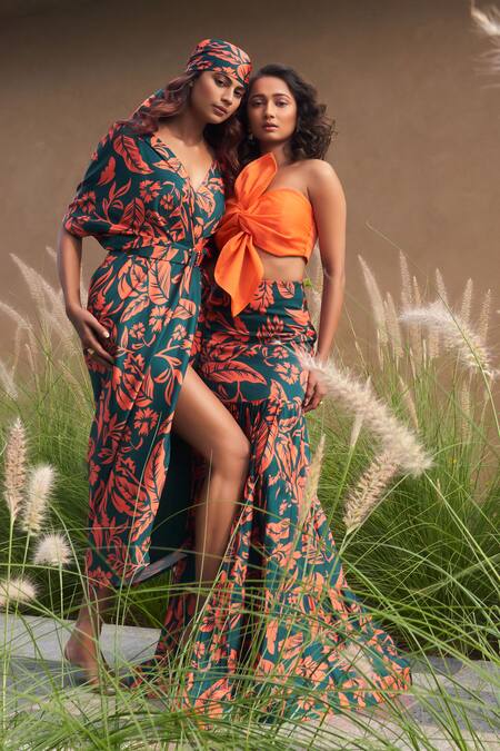 Shop Vesture Green Off-shoulder Floral Fishcut Skirt And Bow Top Set Online at Aza Fashions Shop_Vesture_Green Off-shoulder Floral Fishcut Skirt And Bow Top Set _Online_at_Aza_Fashions