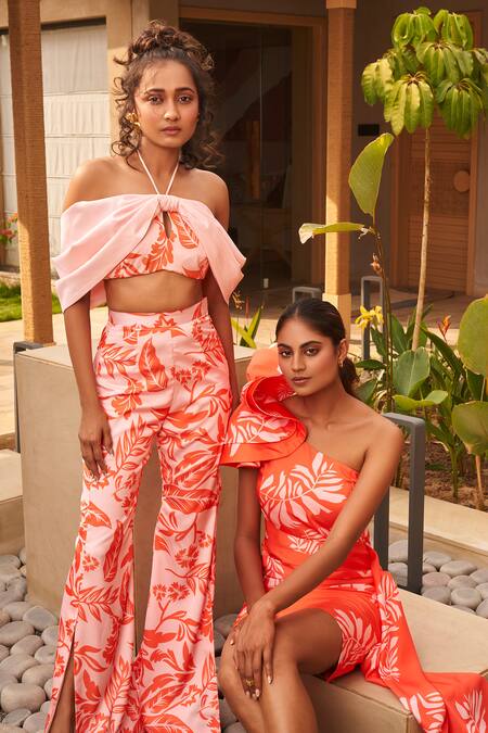 Vesture Orange One Shoulder Floral Dress Online at Aza Fashions Vesture_Orange One Shoulder Floral Dress _Online_at_Aza_Fashions