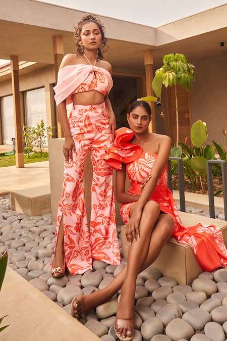 Shop Vesture Orange One Shoulder Floral Dress at Aza Fashions Shop_Vesture_Orange One Shoulder Floral Dress _at_Aza_Fashions