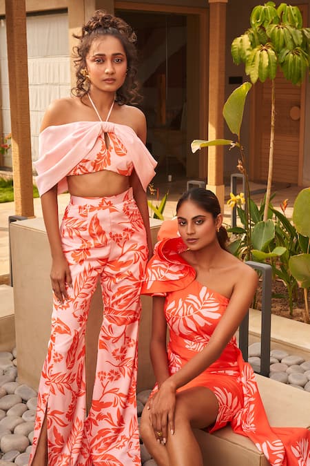Vesture_Pink Off-shoulder Floral Printed Bow Top Pant Set _Online_at_Aza_Fashions