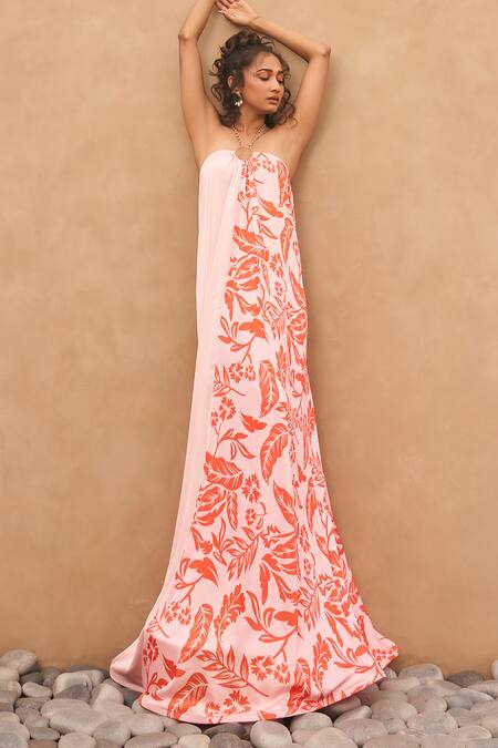 Buy Vesture Pink Open Neck Half Printed Maxi Dress Online at Aza Fashions Buy_Vesture_Pink Open Neck Half Printed Maxi Dress _Online_at_Aza_Fashions