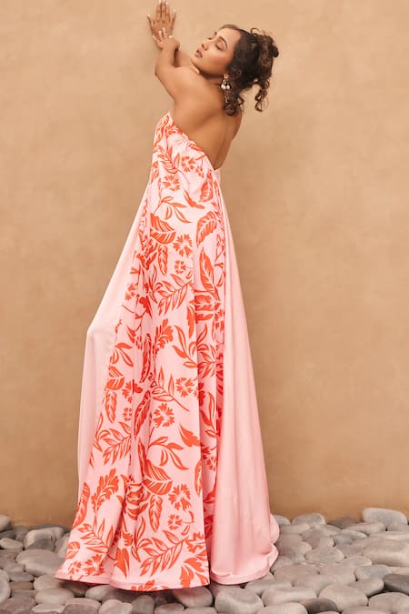 Shop Vesture Pink Open Neck Half Printed Maxi Dress at Aza Fashions Shop_Vesture_Pink Open Neck Half Printed Maxi Dress _at_Aza_Fashions