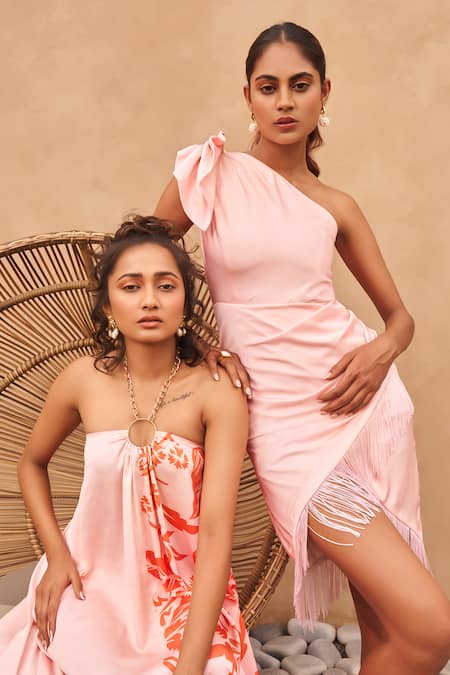Buy Vesture Pink Fringe One Shoulder Drape Dress With Online at Aza Fashions Buy_Vesture_Pink Fringe One Shoulder Drape Dress With _Online_at_Aza_Fashions