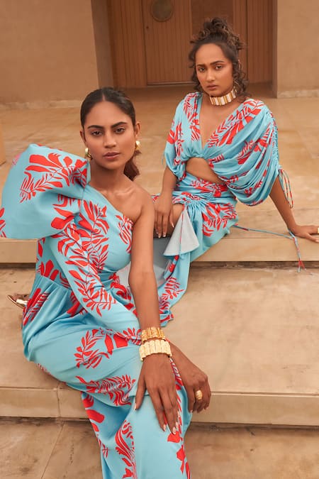 Vesture_Sky Blue Satin, Polyester V-neck Floral Draped Skirt Coordset _Online_at_Aza_Fashions