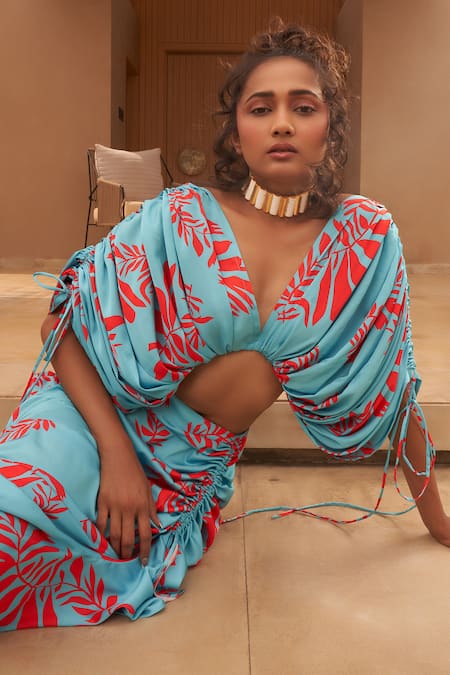 Buy_Vesture_Sky Blue Satin, Polyester V-neck Floral Draped Skirt Coordset _Online_at_Aza_Fashions