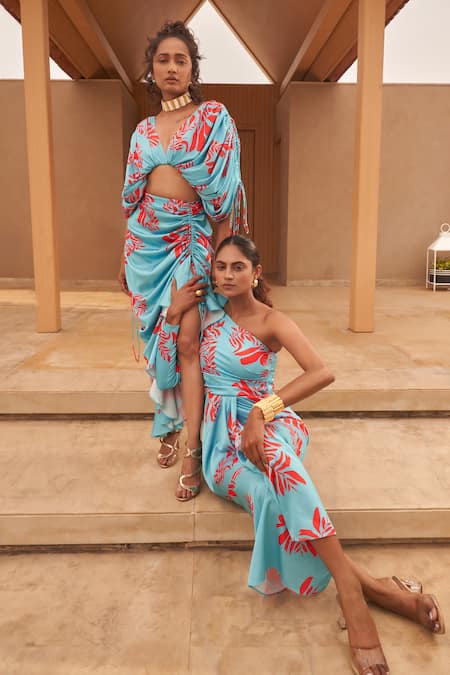 Shop_Vesture_Sky Blue Satin, Polyester V-neck Floral Draped Skirt Coordset _at_Aza_Fashions