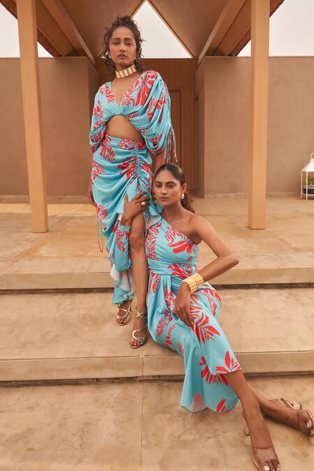 Vesture_Sky Blue One Shoulder Floral Print Midi Dress _Online_at_Aza_Fashions