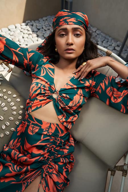 Vesture_Green Silk, Satin V-neck Floral Cutout Maxi Dress _Online_at_Aza_Fashions