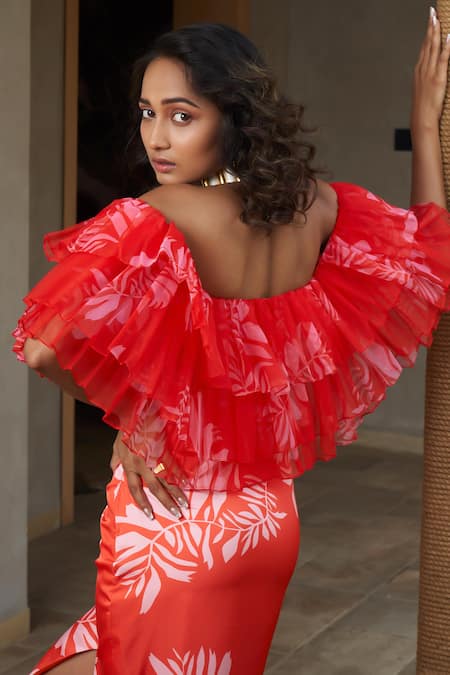 Shop Vesture Red Off-shoulder Ruffled Slit Midi Dress at Aza Fashions Shop_Vesture_Red Off-shoulder Ruffled Slit Midi Dress _at_Aza_Fashions