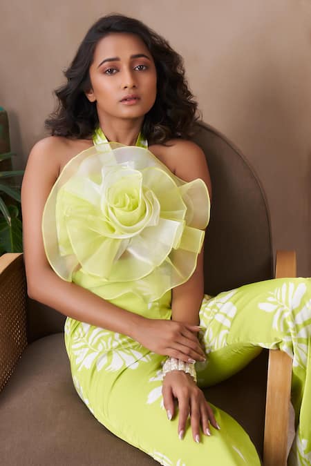 Vesture Green Fabric Flowers Halter Neck Printed Rose Top And Pants Set Online at Aza Fashions Vesture_Green Fabric Flowers Halter Neck Printed Rose Top And Pants Set _Online_at_Aza_Fashions