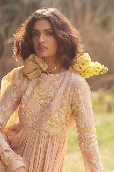 Buy_Paulmi And Harsh_Pink Cotton Embroidery Round Neck Hand Anarkali Set _Online_at_Aza_Fashions