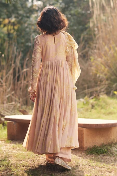 Shop_Paulmi And Harsh_Pink Cotton Embroidery Round Neck Hand Anarkali Set _at_Aza_Fashions