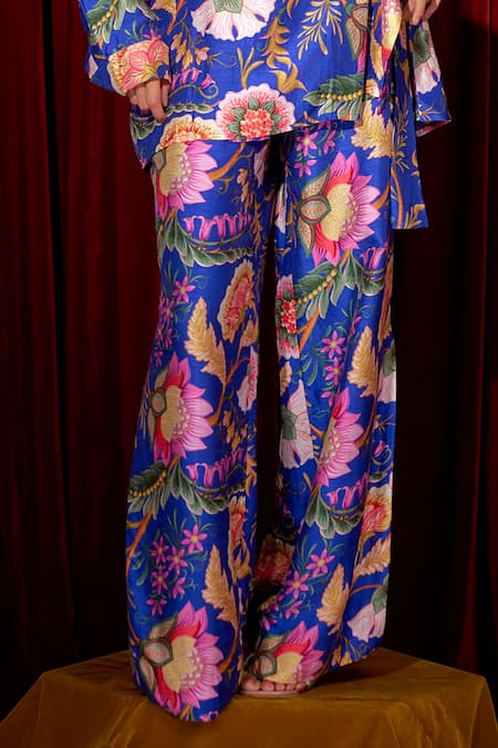 Buy_Brinda Sneha_Blue Silk, Ramie V-neck Floral Print Tie-up Shirt And Pant Set _Online_at_Aza_Fashions