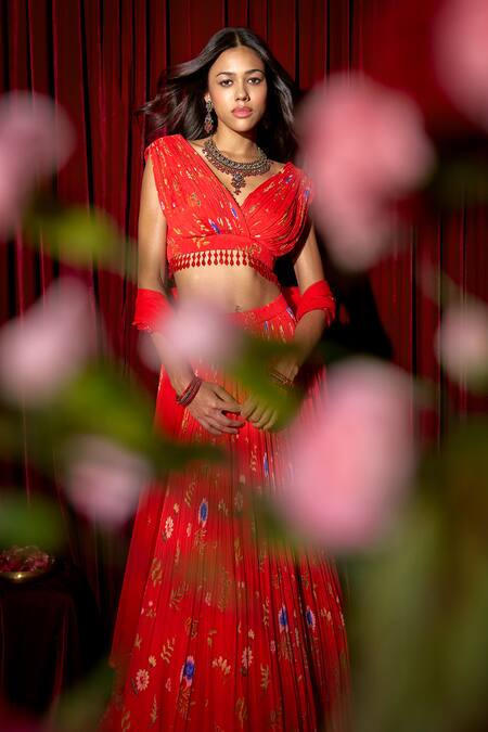 Shop_Brinda Sneha_Red Chiffon, Net Tassels, Embroidery V-neck Ruched Lehenga Set With Details _Online_at_Aza_Fashions